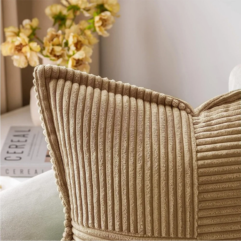 Tan Striped Texture Corduroy Decorative Farmhouse Luxury Soft Pillow Cover Set
